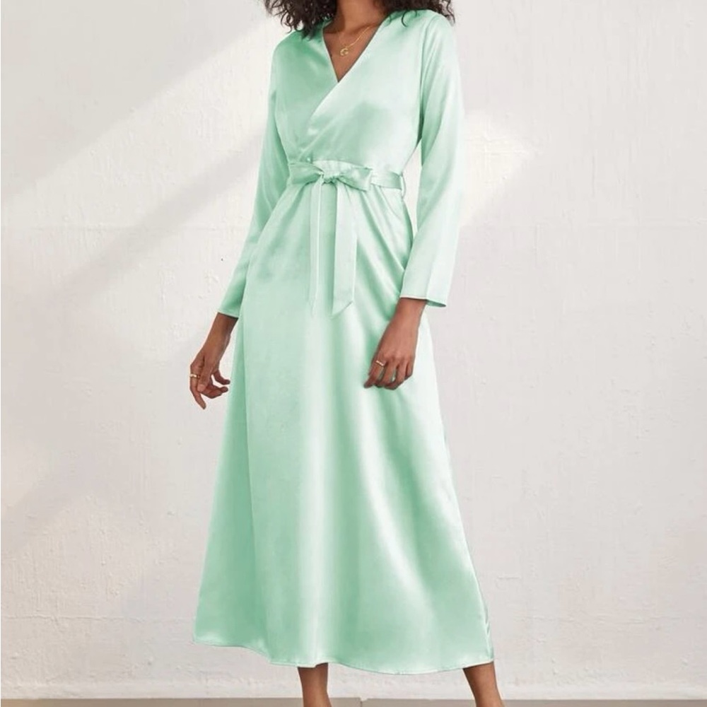 Woman Size XS Maxi Side Zipper Surplice Neck Knot Side Wrap Satin Dress SHEIN